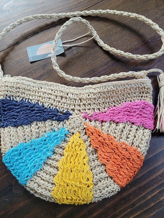 Handbags - Uncharted Threads Tan Pink Blue Rainbow Paper Straw-look Woven Crossbody Bag